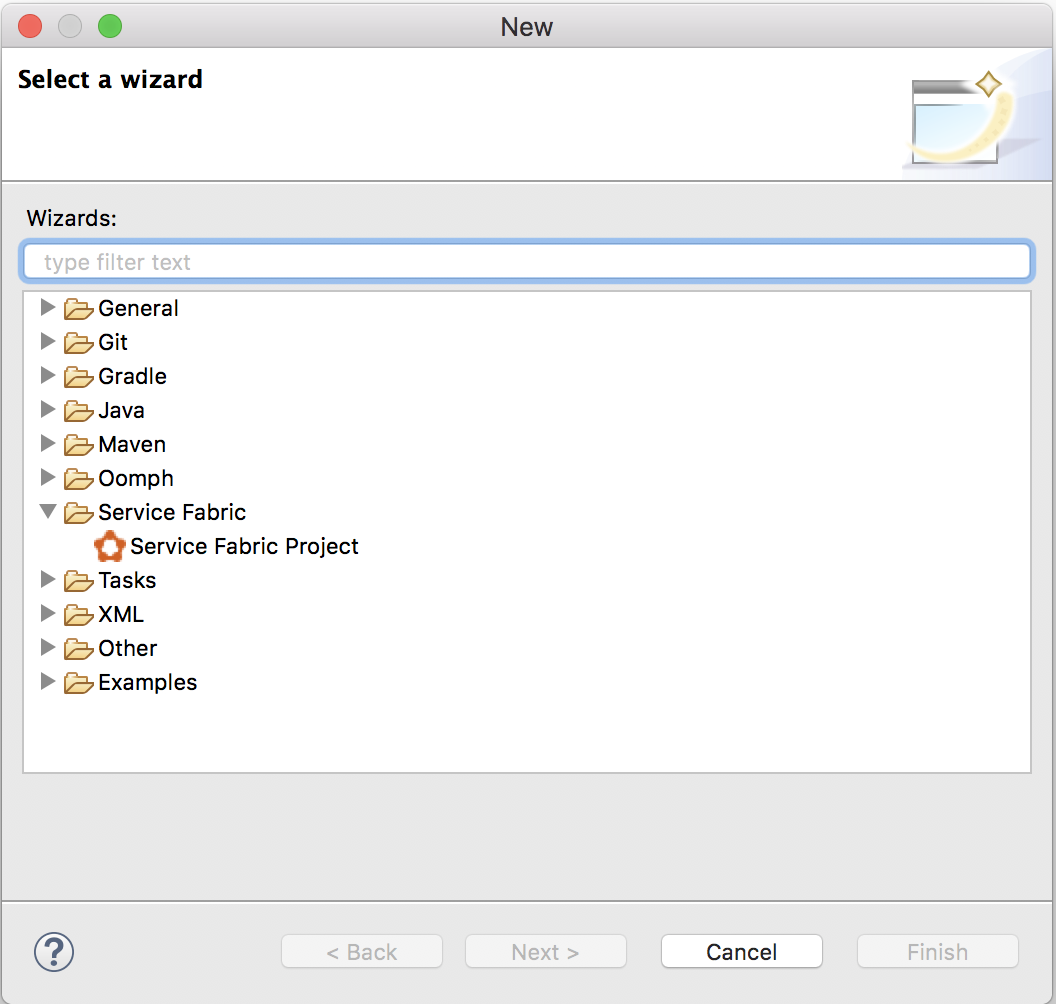Nuovo progetto di Service Fabric in Eclipse