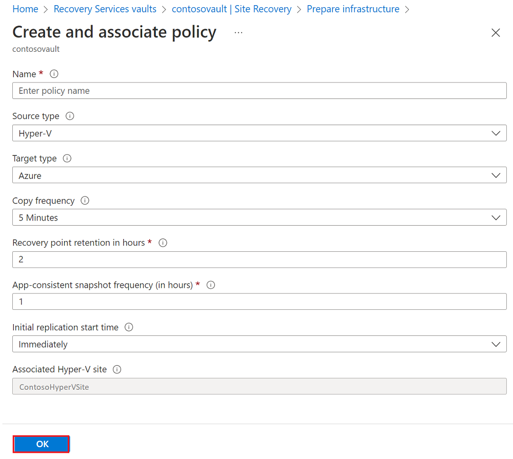 Screenshot che mostra il riquadro Crea e associa criteri e le relative opzioni.
