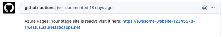 Screenshot del commento del pull request con l'URL di pre-produzione.