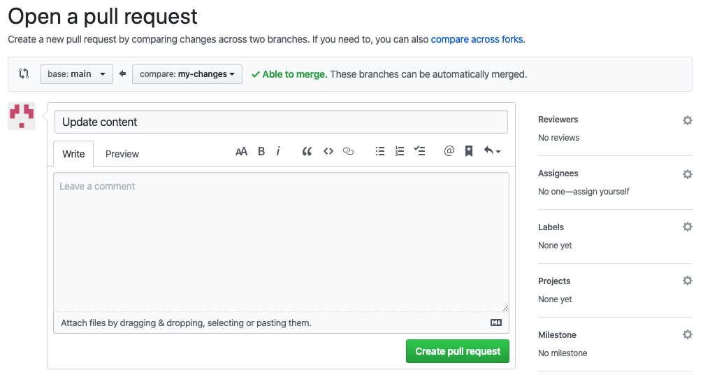 Screenshot che mostra la creazione della richiesta pull in GitHub.