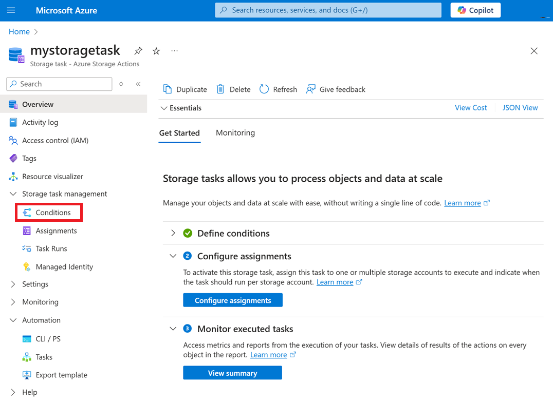 Screenshot del pulsante Condizioni e dell'editor Condizioni.