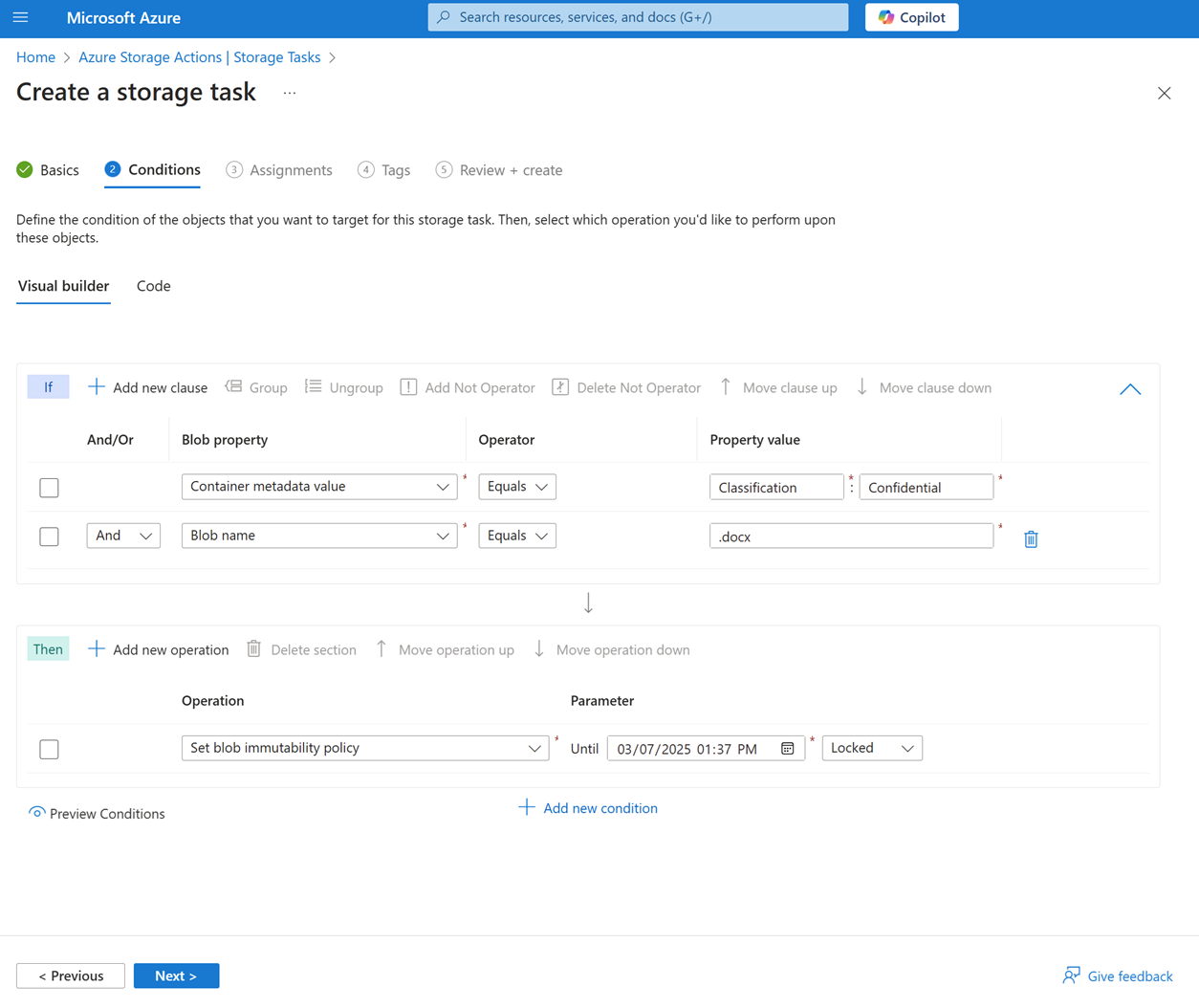 Screenshot della scheda Condizioni dell'esperienza di creazione dell'attività di archiviazione.