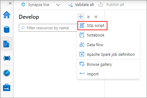 Screenshot dello script SQL selezionato per creare una nuova query.