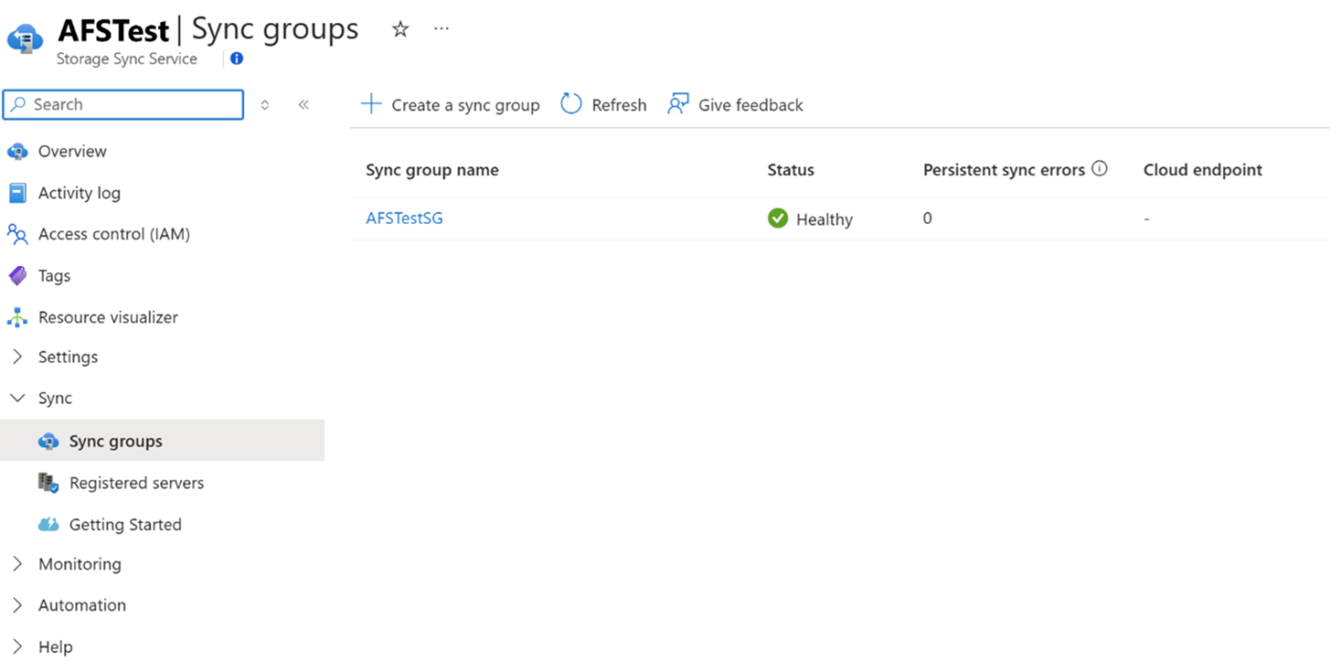 Screenshot del riquadro per i gruppi di sincronizzazione con stato Integro per un gruppo di sincronizzazione appena aggiunto.