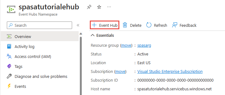 Screenshot che mostra il pulsante Aggiungi Hub eventi nella pagina Spazio dei nomi dell'Hub eventi.