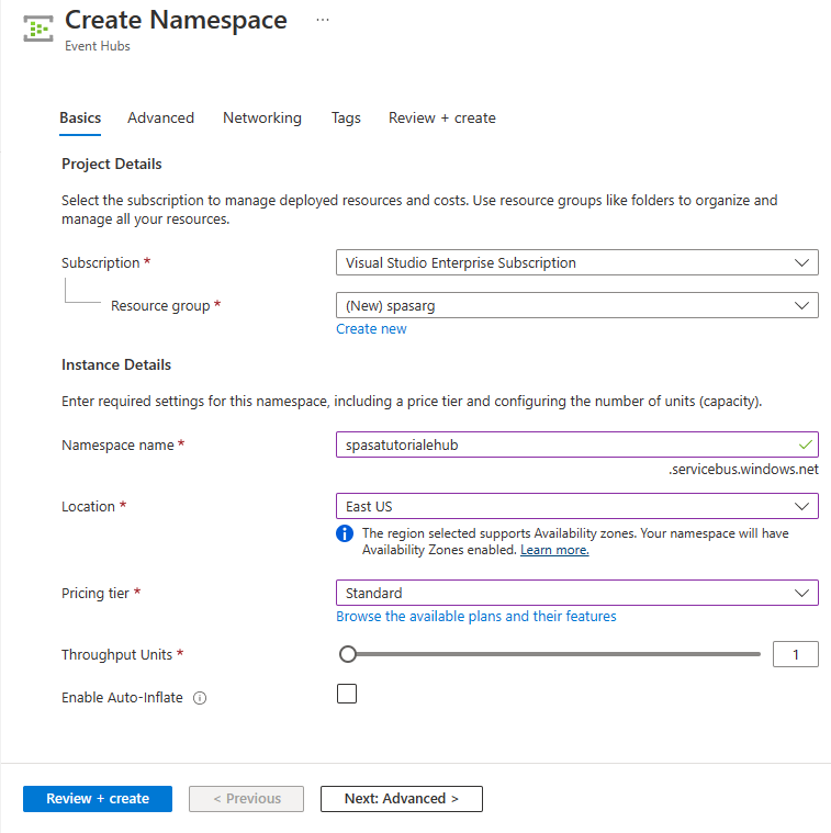 Screenshot che mostra la pagina Crea Namespace.