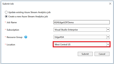 Invia il lavoro di Stream Analytics Edge ad Azure da Visual Studio