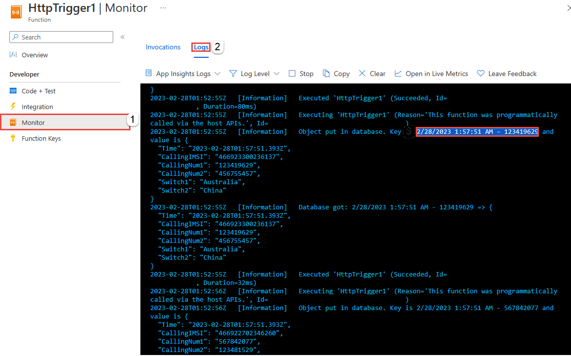 Screenshot della pagina dei log di monitoraggio per la funzione di Azure. 