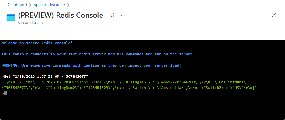 Screenshot della console di Redis Cache con l'output del comando Get.