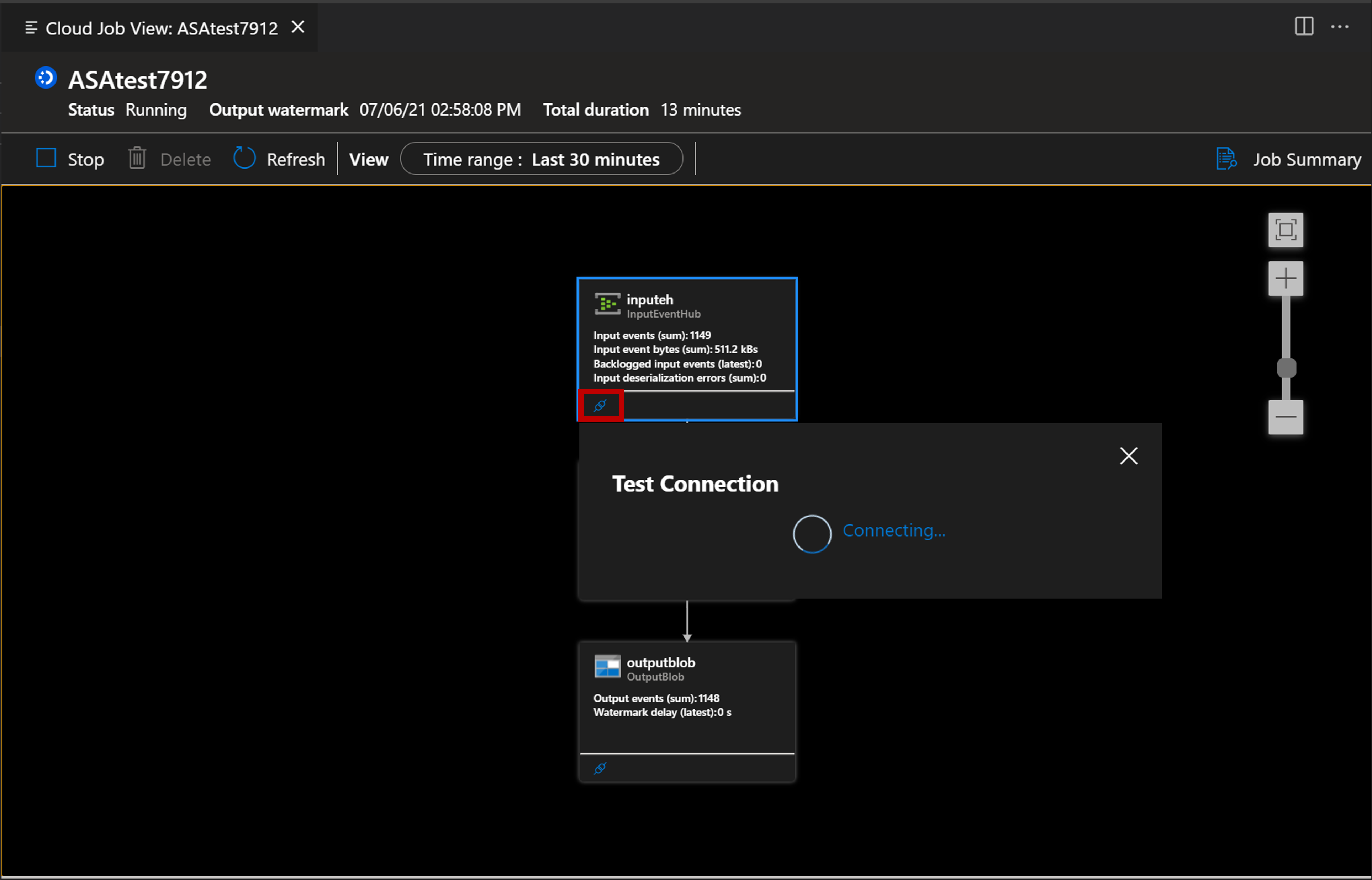 Screenshot della connessione per il test dell'estensione VS Code.