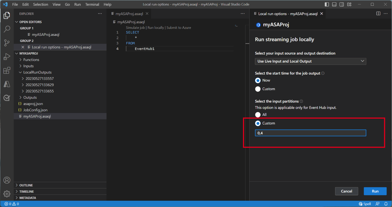 Screenshot dell'estensione VS Code che specifica le partizioni dell'hub eventi.
