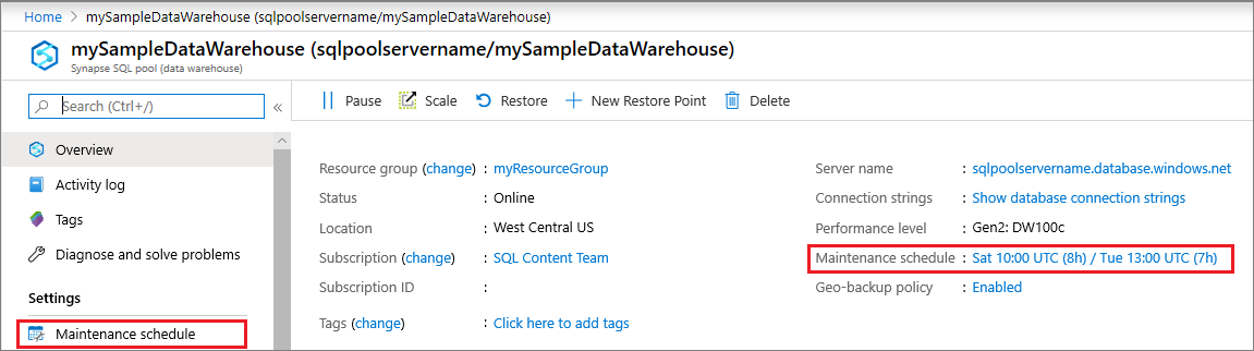 Screenshot della finestra di panoramica che mostra le opzioni di pianificazione della manutenzione.