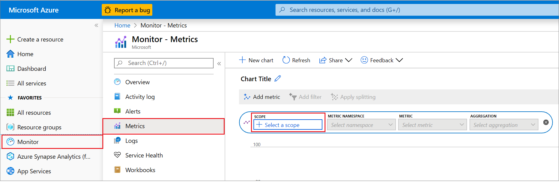 Screenshot che mostra l'opzione Select a scope selected from Metrics (Selezionare un ambito selezionato da Metriche) nel portale di Azure.