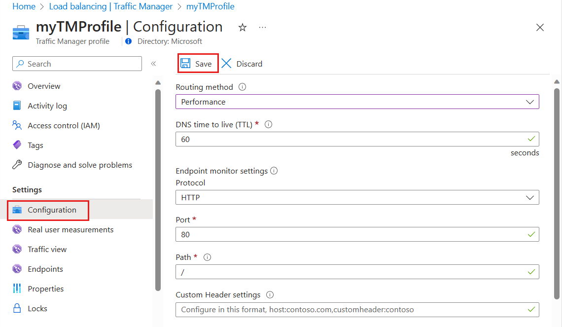 Screenshot della configurazione di un profilo di Gestione traffico con routing basato sulle prestazioni.