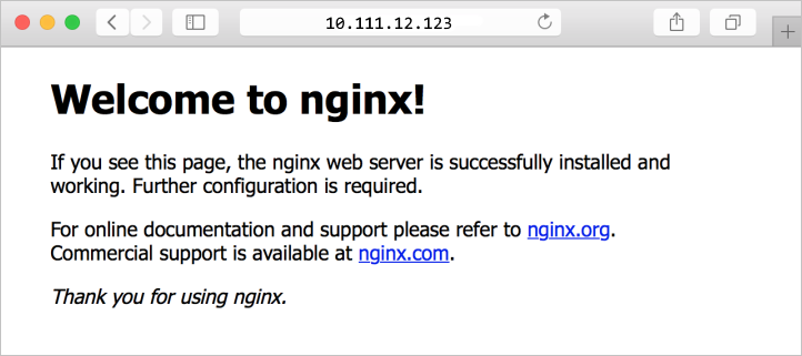 Screenshot che mostra il sito predefinito NGINX in un browser