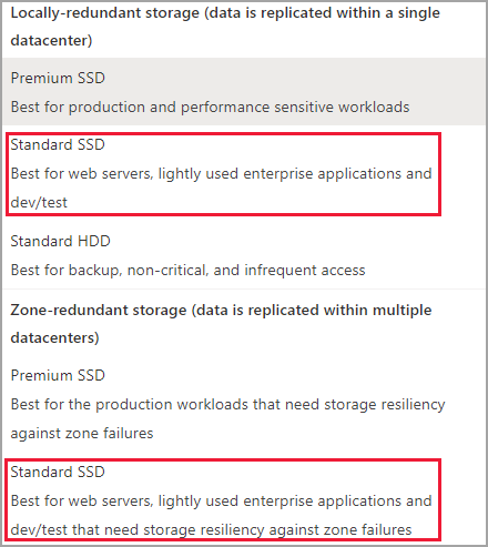 Screenshot dello SKU del disco, con evidenziazione degli SKU Standard SSD LRS e ZRS.