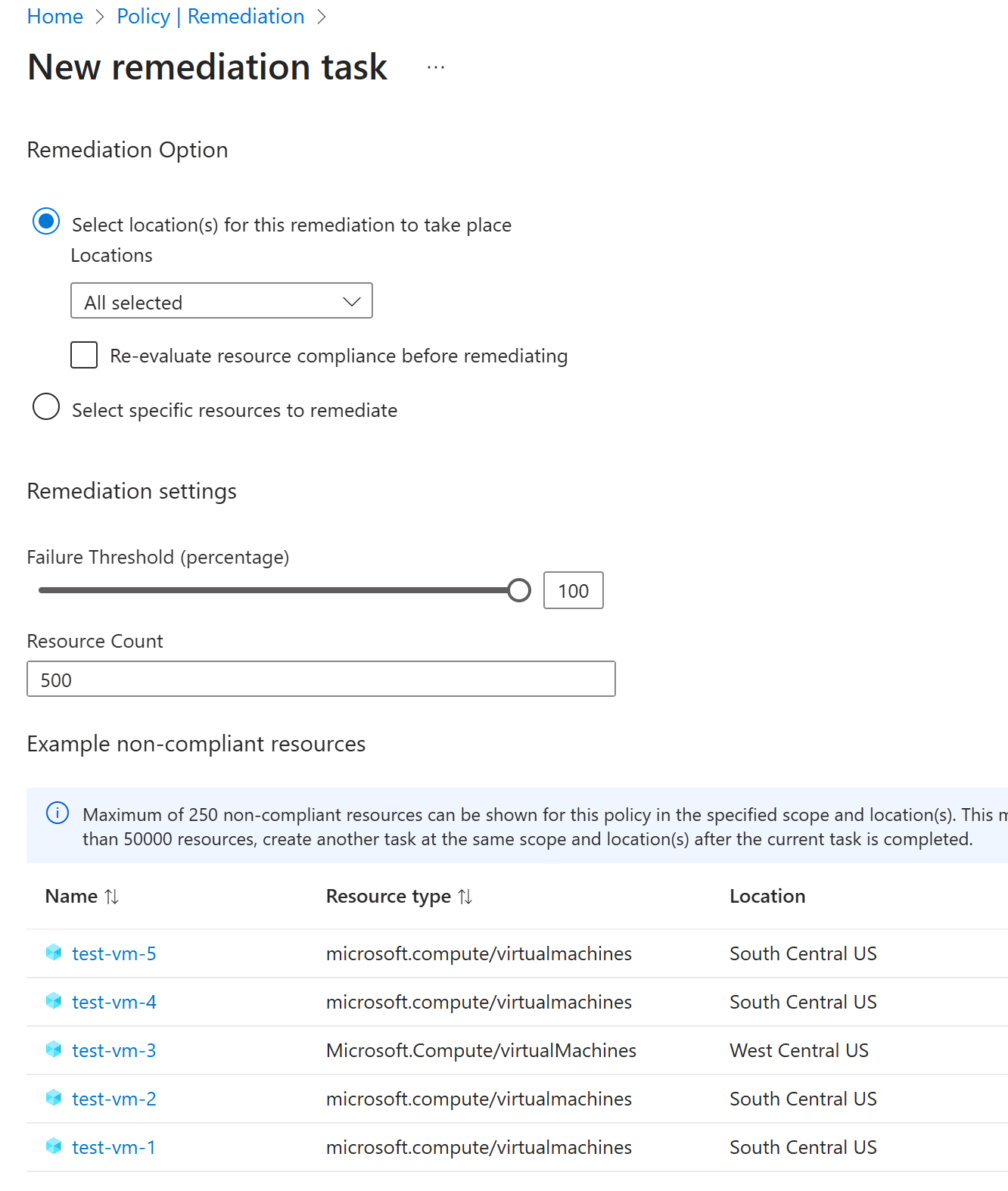 Screenshot dell'esperienza di Azure Portal che illustra come creare una nuova attività di correzione.