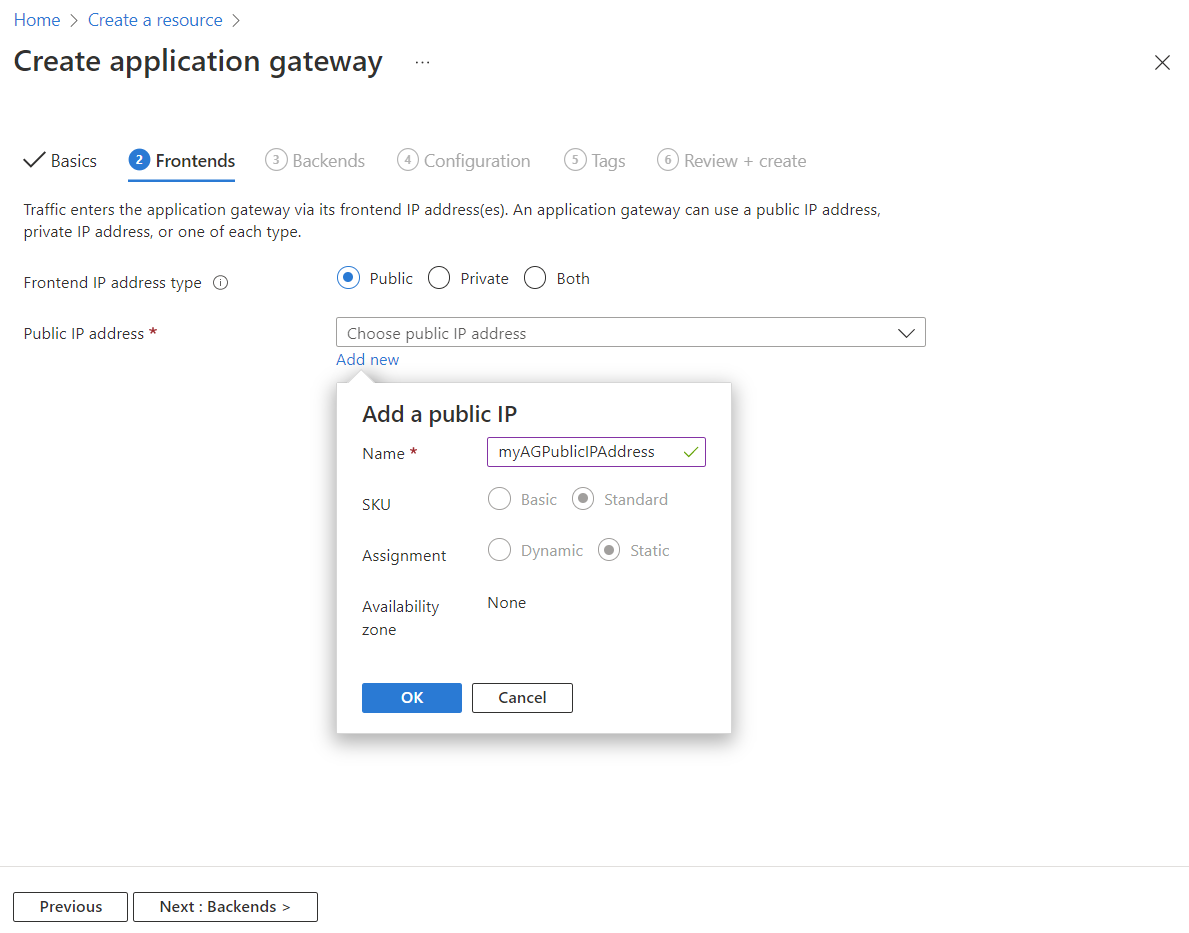 Screenshot di Crea nuovo gateway applicazione: front-end.