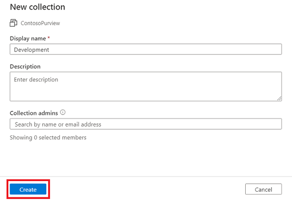 Screenshot della finestra classica del portale di governance di Microsoft Purview, che mostra la nuova finestra della raccolta, con un nome visualizzato e gli amministratori della raccolta selezionati e il pulsante Crea evidenziato.