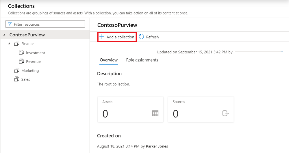 Screenshot della finestra classica del portale di governance di Microsoft Purview, aperta alla mappa dati, con la scheda Raccolte selezionata e Aggiungi una raccolta evidenziata.