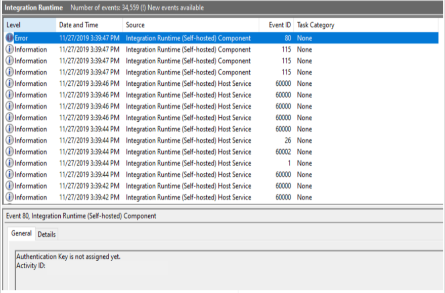 Screenshot del riquadro eventi del runtime di integrazione che mostra che la chiave di autenticazione non è ancora assegnata.