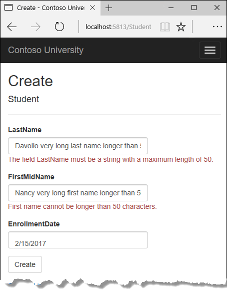 Pagina Students Index (Indice studenti) con errori di lunghezza stringa