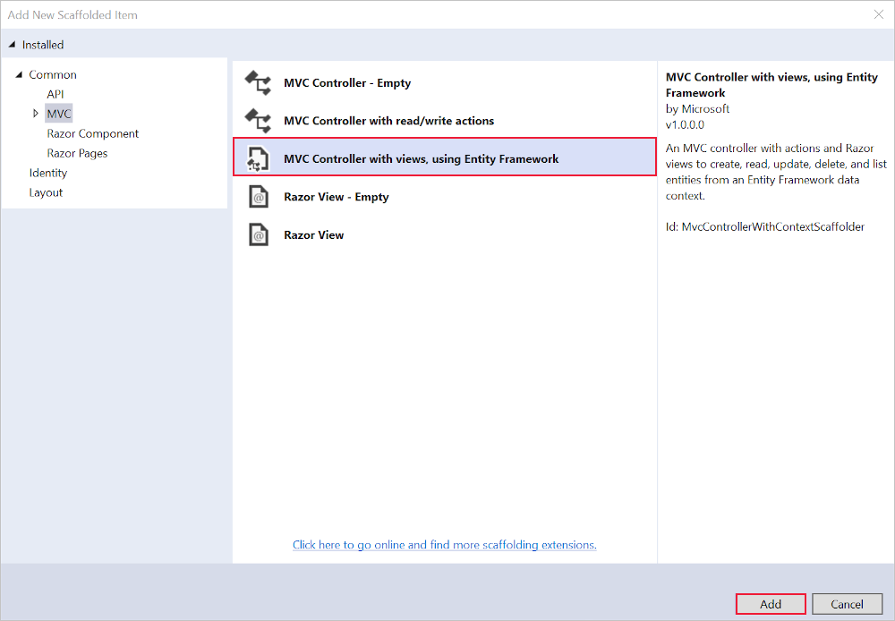 Finestra di dialogo Aggiungi scaffold