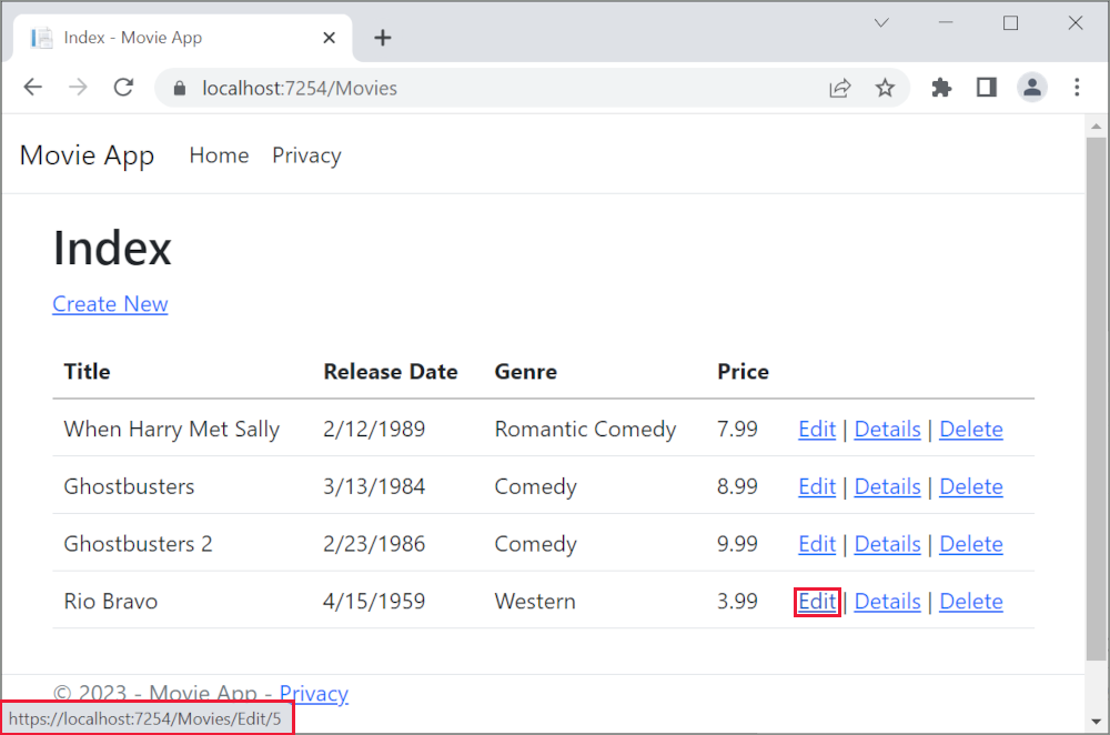 Finestra del browser con il passaggio del mouse sul collegamento Edit (Modifica) e un URL di collegamento di https://localhost:5001/Movies/Edit/5