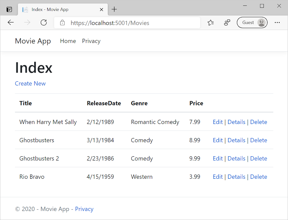 MVC Movie app aperta in Microsoft Edge che mostra i dati dei film