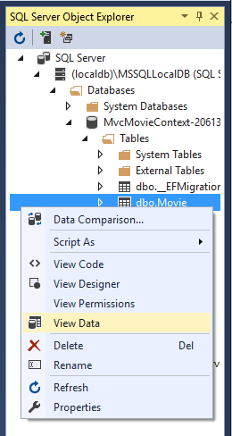Fare clic con il pulsante destro del mouse sulla tabella > Movie View Data