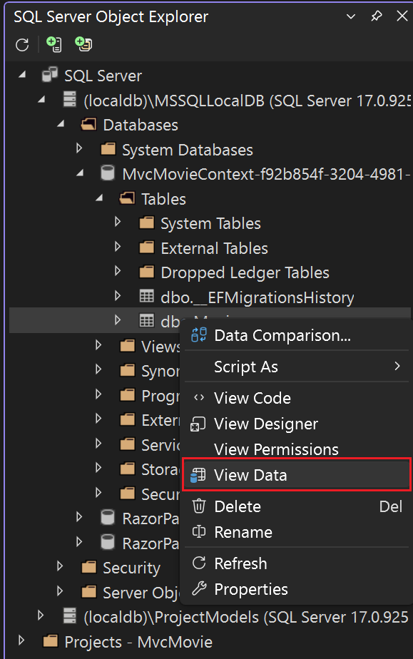 Fare clic con il tasto destro del mouse sulla tabella Movie, quindi selezionare Visualizza dati.