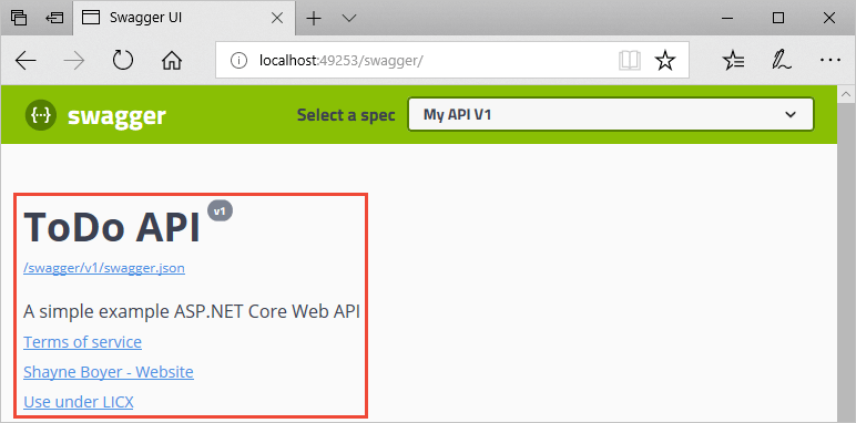 Interfaccia utente di Swagger con informazioni sulla versione: descrizione, autore e altro collegamento.
