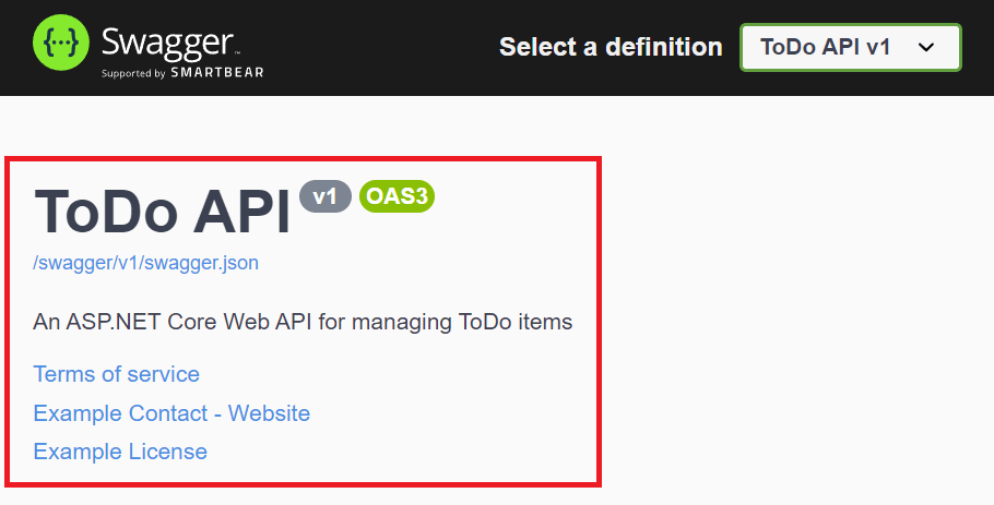 Interfaccia utente di Swagger con informazioni sulla versione: descrizione, autore e licenza.