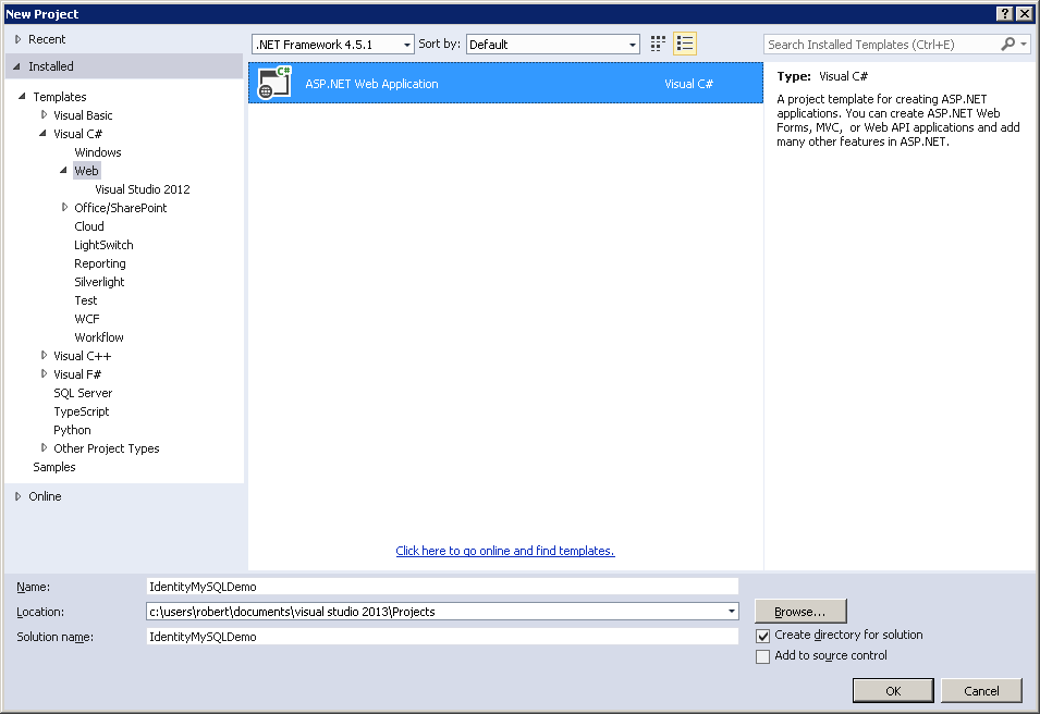 Screenshot della finestra di dialogo Nuovo progetto, con il cancelletto di Visual C espanso a sinistra e Web evidenziato. Applicazione Web ASP.NET selezionata a destra con il nome del progetto Identity MySQL Demo nel campo nome in basso.