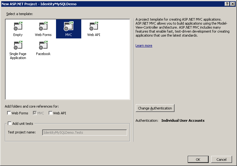 Screenshot della finestra Nuovo progetto ASP.NET, con il modello MVC selezionato e opzioni predefinite.