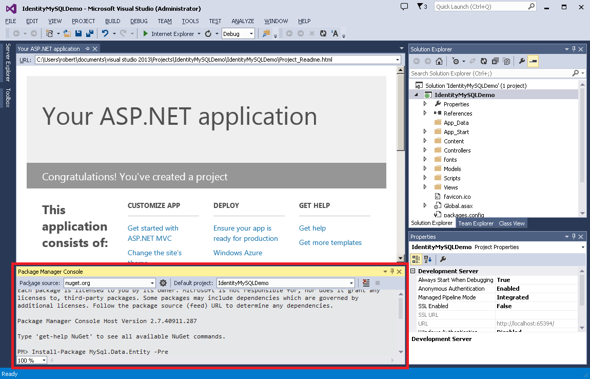 Screenshot della Console di Gestione Pacchetti nella sezione inferiore di Visual Studio, con l'istruzione Install-Package MySql.Data.Entity-Pre visualizzata nella riga di comando.