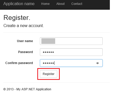 Screenshot della finestra di dialogo di registrazione in ASP.NET, con i campi nome utente, password e conferma password completati e il pulsante Registra evidenziato di seguito.