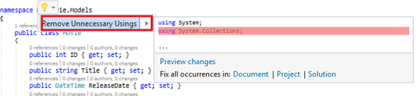Screenshot che mostra il menu Mostra potenziali correzioni. È selezionata l'opzione Rimuovi utilizzo non necessario.