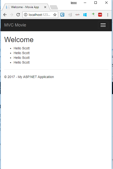 Screenshot che mostra la pagina di benvenuto di MVC Movie.
