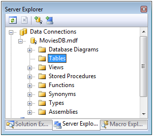 Screenshot della finestra Esplora server, che mostra che la cartella Tabelle è evidenziata nella gerarchia di cartelle.