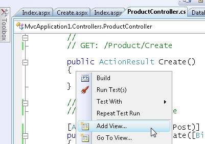 Screenshot del file Product Controller dot c s nell'editor di codice, che mostra il menu contestuale con la voce di menu Add View evidenziata.