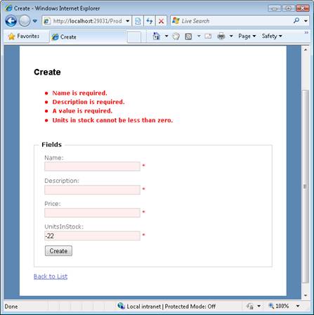 Screenshot della finestra di Internet Explorer, che mostra la visualizzazione Crea con messaggi di errore risultanti da campi compilati con valori non validi.