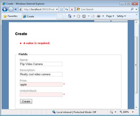 Screenshot della finestra di Internet Explorer, che mostra i campi Prezzo e Unità nei campi Stock, che contrassegnano gli errori di convalida.