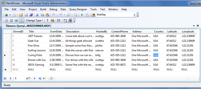 Screenshot dei dati di Dinner in Microsoft Visual Studio.