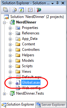 Screenshot dell'albero di navigazione Nerd Dinner. Global.asax è selezionato ed evidenziato.