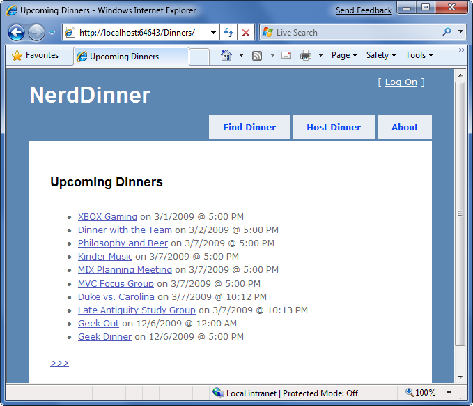 Screenshot dell'elenco Prossime cene nella pagina Cena Nerd.