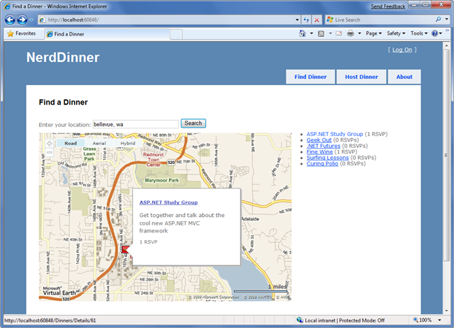 Screenshot della pagina con mappa basata su AJAX di Nerd Dinner.
