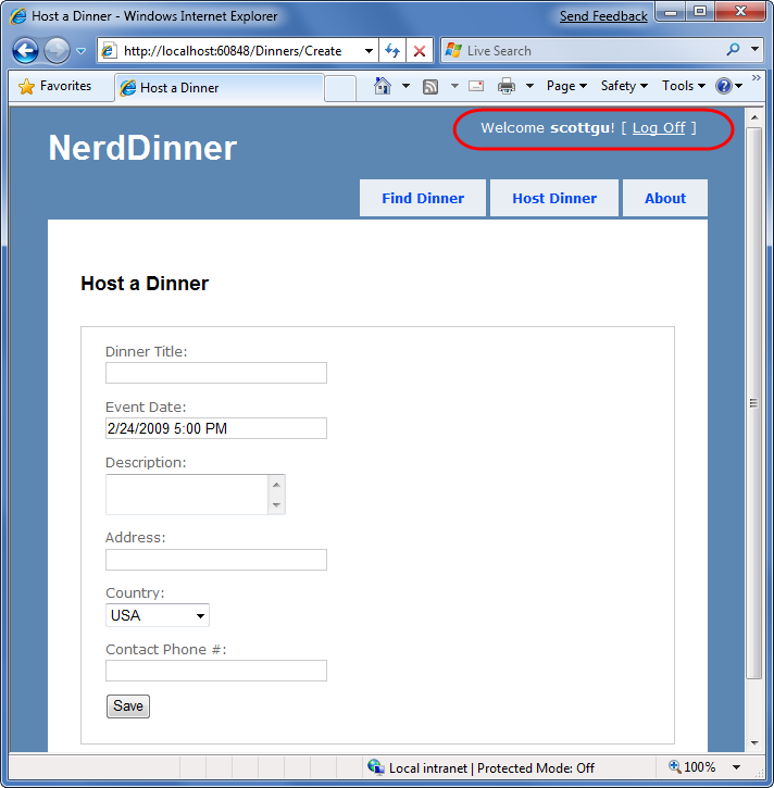 Screenshot della pagina del modulo Nerd Dinner Host a Dinner. I pulsanti Benvenuto e Disconnessione sono evidenziati nell'angolo superiore destro.