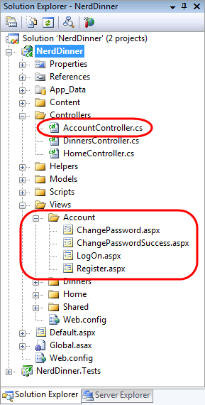 Screenshot dell'albero di navigazione di Nerd Dinner. Il controller account .cs è evidenziato. Anche la Cartella Account e le voci di menu sono evidenziate.