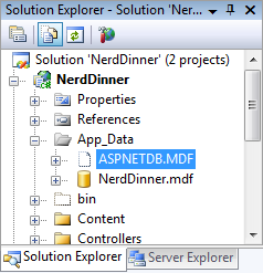 Screenshot dell'albero di navigazione di Nerd Dinner. Il nodo 